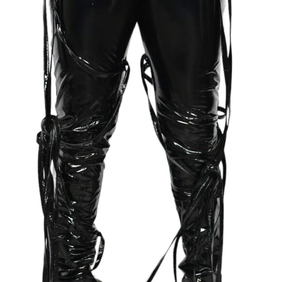 TLZ Femme Vinyl Pants Black PVC Patent Shiny Wet Liquid Straps Boot Cut Medium - Picture 12 of 14